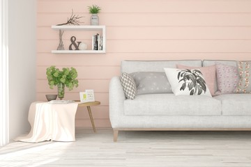 Idea of white minimalist room with sofa. Scandinavian interior design. 3D illustration