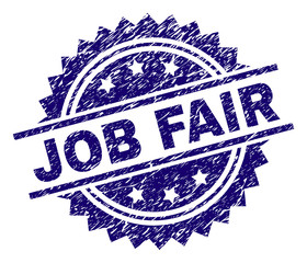 JOB FAIR stamp seal watermark with distress style. Blue vector rubber print of JOB FAIR caption with scratched texture.