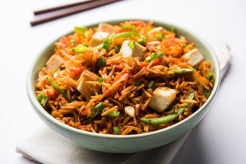 Schezwan paneer fried rice with Szechuan sauce and cottage cheese cubes. served in a bowl or plate or pan. selective focus