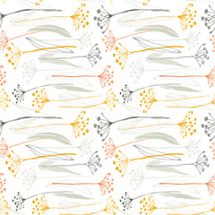 Botanical floral vector seamless pattern with hand drawn herbs, plants, flowers and leaves.