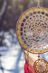 Handmade dream catcher with feathers threads and beads rope hanging