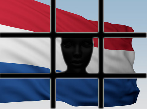 Silhouette Head Behind Bars With Flag Of Netherlands