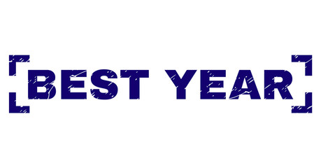 BEST YEAR text seal print with grunge texture. Text label is placed between corners. Blue vector rubber print of BEST YEAR with scratched texture.
