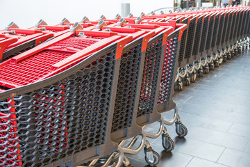 Shopping cart row sorted in supermarket