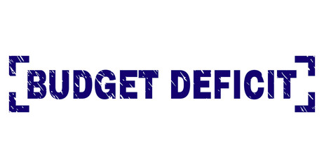 BUDGET DEFICIT label seal imprint with grunge texture. Text label is placed inside corners. Blue vector rubber print of BUDGET DEFICIT with unclean texture.