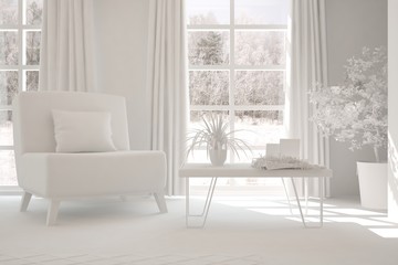 White room with armchair and winter landscape in window. Scandinavian interior design. 3D illustration