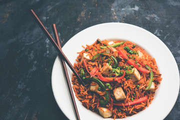 Schezwan paneer fried rice with Szechuan sauce and cottage cheese cubes. served in a bowl or plate or pan. selective focus