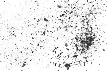 Black charcoal dust, gunpowder explosion texture isolated on white background, top view