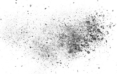 Black charcoal dust, gunpowder explosion texture isolated on white background, top view