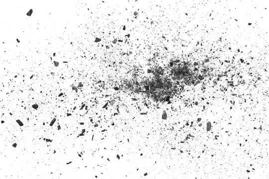 Black charcoal dust, gunpowder explosion texture isolated on white background, top view