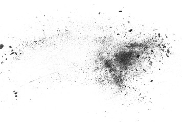 Black charcoal dust, gunpowder explosion texture isolated on white background, top view