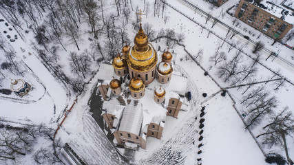 winter Church showed from drone aerial photo 
