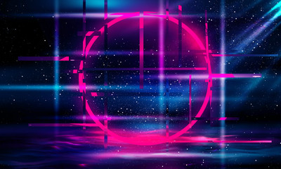 An illuminated circle with glitch and neon effect. Glow Design for Graphic Design - Banner, Poster, Flyer, Brochure, Card.  - obrazy, fototapety, plakaty