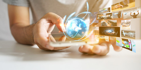 Hand using smartphone connecting, Social media concept.