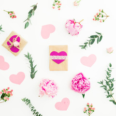 Obraz na płótnie Canvas Floral pattern of pink peonies, roses and eucalyptus branches and gifts on white background. Valentine day composition. Flat lay, top view