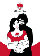Valentine's Day. Couple reading hugged. Girl with heart tattoo and young man with beard and glasses reading a book together.