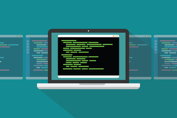 command line interface cli programming language concept with laptop and code programming - vector illustration - obrazy, fototapety, plakaty