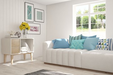 Idea of white room with sofa and summer landscape in window. Scandinavian interior design. 3D illustration