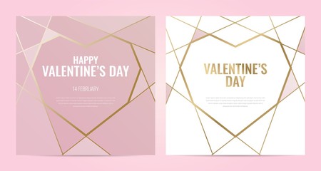 Valentines Day poster Luxury template with gold frame. Invitation template. Geometric shape.