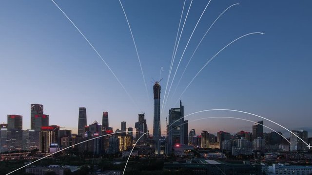 Timelapse. Beijing Landmark,Downtown Skyline at Sunrise with Network Connection Lines,China