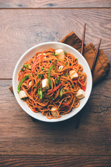 Schezwan hakka noodles with paneer or cottage cheese. Served in a bowl. selective focus