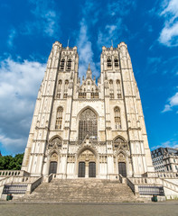 Fototapeta na wymiar Tall building of the Cathedral of St Michael and St Gudula in the center of Brussels, Belgium