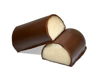 Chocolate covered marzipan bars isolated on a white background with clipping path