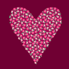 Crimson red and pink cute small flowers in a shape of heart, valentine day card template, vector