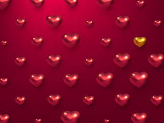 Valentines day holiday background with 3d metallic hearts in red and golden colors. Grid layout with decorative hearts. Vector illustration.