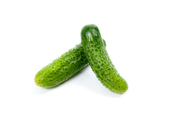 Fresh green cucumber on the white background.