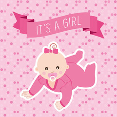 Baby shower greeting card with baby girl. Vector illustration.