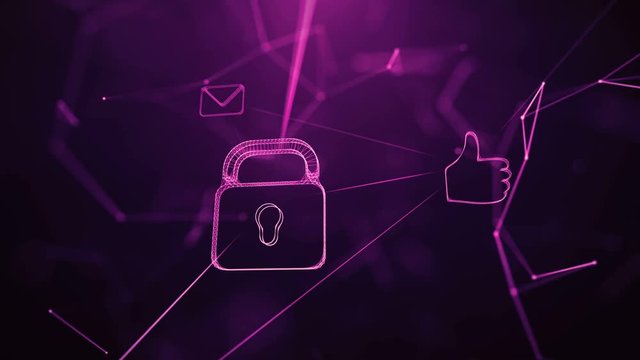 Connection network.Flying out Infographic network elements Like hand sign,envelope, lock password connecting.Futuristic technological background.Geometrical shapes lines dots.Plexus zoom out.Purple