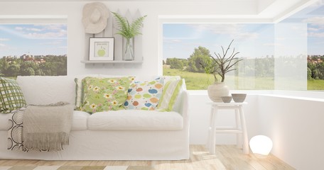 Idea of white room with sofa and summer background in window. Scandinavian interior design. 3D illustration