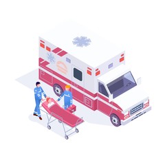 Isometric Ambulance Service with Emergency Car, Nurse Doctor and Patient. Vector illustration
