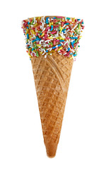 Color sprinkles dipped ice cream cone isolated on white background including clipping path