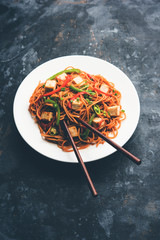 Schezwan hakka noodles with paneer or cottage cheese. Served in a bowl. selective focus