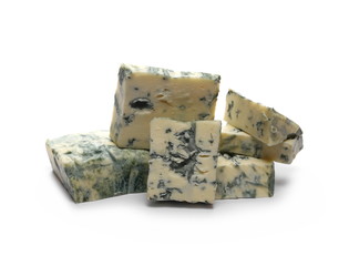 Blue cheese slices isolated on white background
