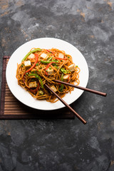 Schezwan hakka noodles with paneer or cottage cheese. Served in a bowl. selective focus