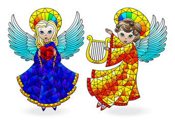 A set of stained glass  elements, cute   cartoon angels  , coloured figures on a white background