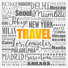 TRAVEL word cloud concept made with words cities names, business concept background