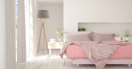 Idea of white minimalist bedroom. Scandinavian interior design. 3D illustration
