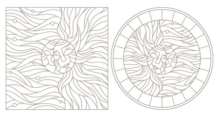 Set of outline illustrations of stained glass Windows with sun and moon on  sky background, round and rectangular image