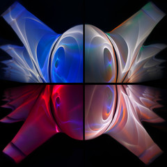 Rolls of paper painted by light and reflected in the mirror surface, four different colors