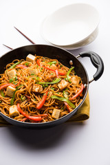 Schezwan hakka noodles with paneer or cottage cheese. Served in a bowl. selective focus