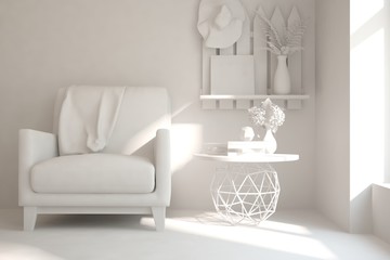 White room with armchair. Scandinavian interior design. 3D illustration
