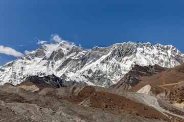 Himalayan mountain range in Nepal on a sunny day, showcasing majestic peaks.