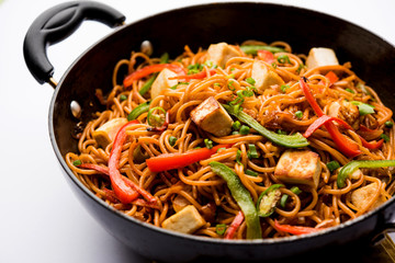 Schezwan hakka noodles with paneer or cottage cheese. Served in a bowl. selective focus