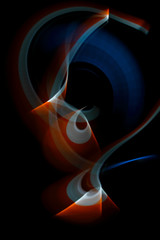 Orange-red-white and blue curled line - ribbon painted by light. Improvisational painting by light.