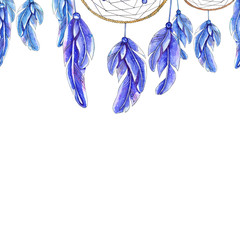 Watercolor hand drawn template of dreamcatcher and feathers.