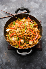 Schezwan hakka noodles with paneer or cottage cheese. Served in a bowl. selective focus